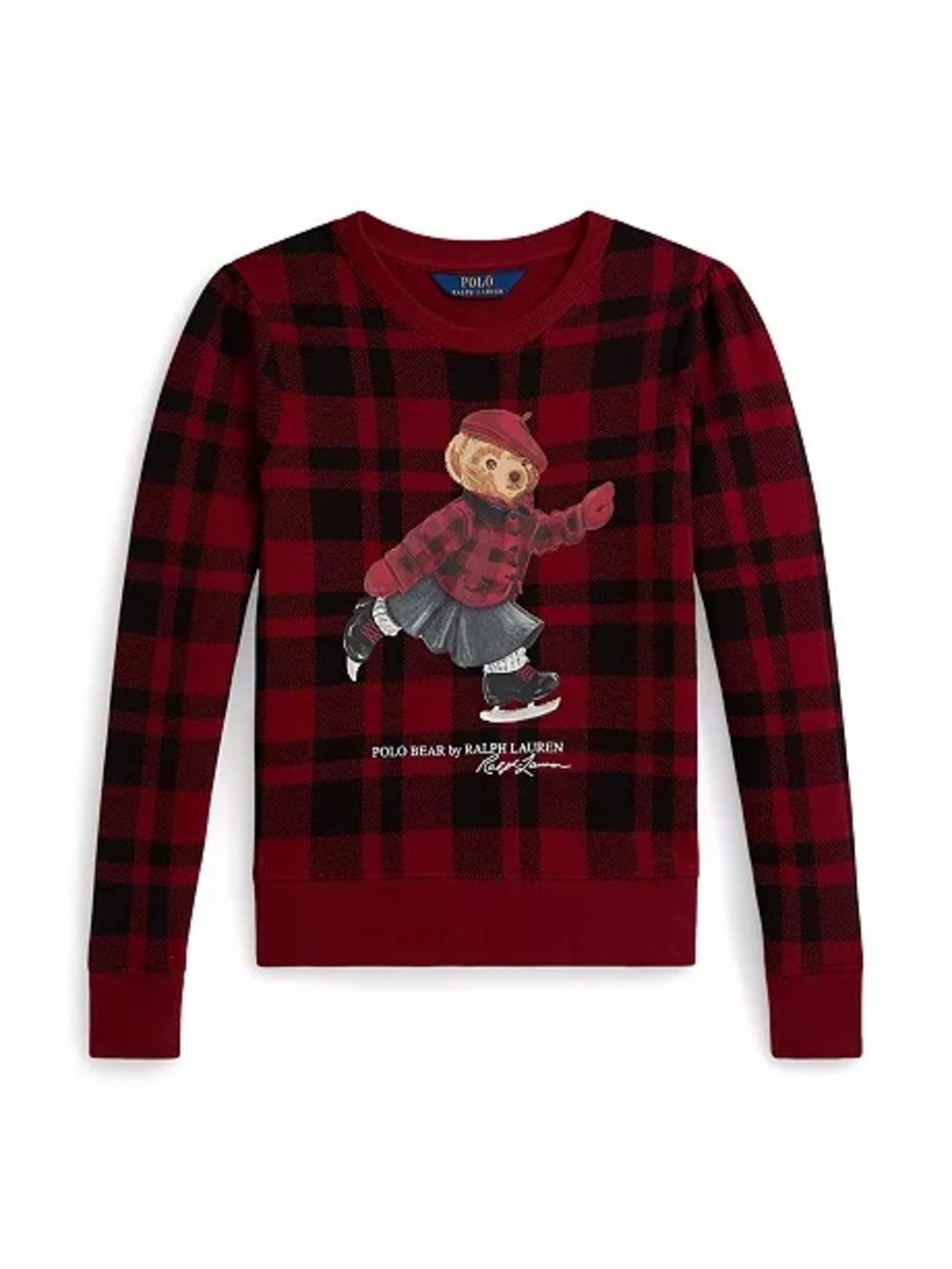 Polo Ralph Lauren Girl’s Red Plaid Ice Skating Bear Crewneck Sweater Size Large